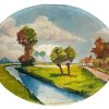 Vintage Dutch Oval Canal River Fields Landscape Acrylic On Wood Board Wall Decor circa 1920-1940's