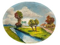 Vintage Dutch Oval Canal River Fields Landscape Acrylic On Wood Board Wall Decor circa 1920-1940’s Vintage Dutch Oval Canal River Fields Landscape Acrylic On Wood Board Wall Decor circa 1920-1940's