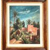 Vintage Moroccan Marrakech Houses Buildings Palm Trees Framed Acrylic Painting Wall Decor circa 1920-1940's