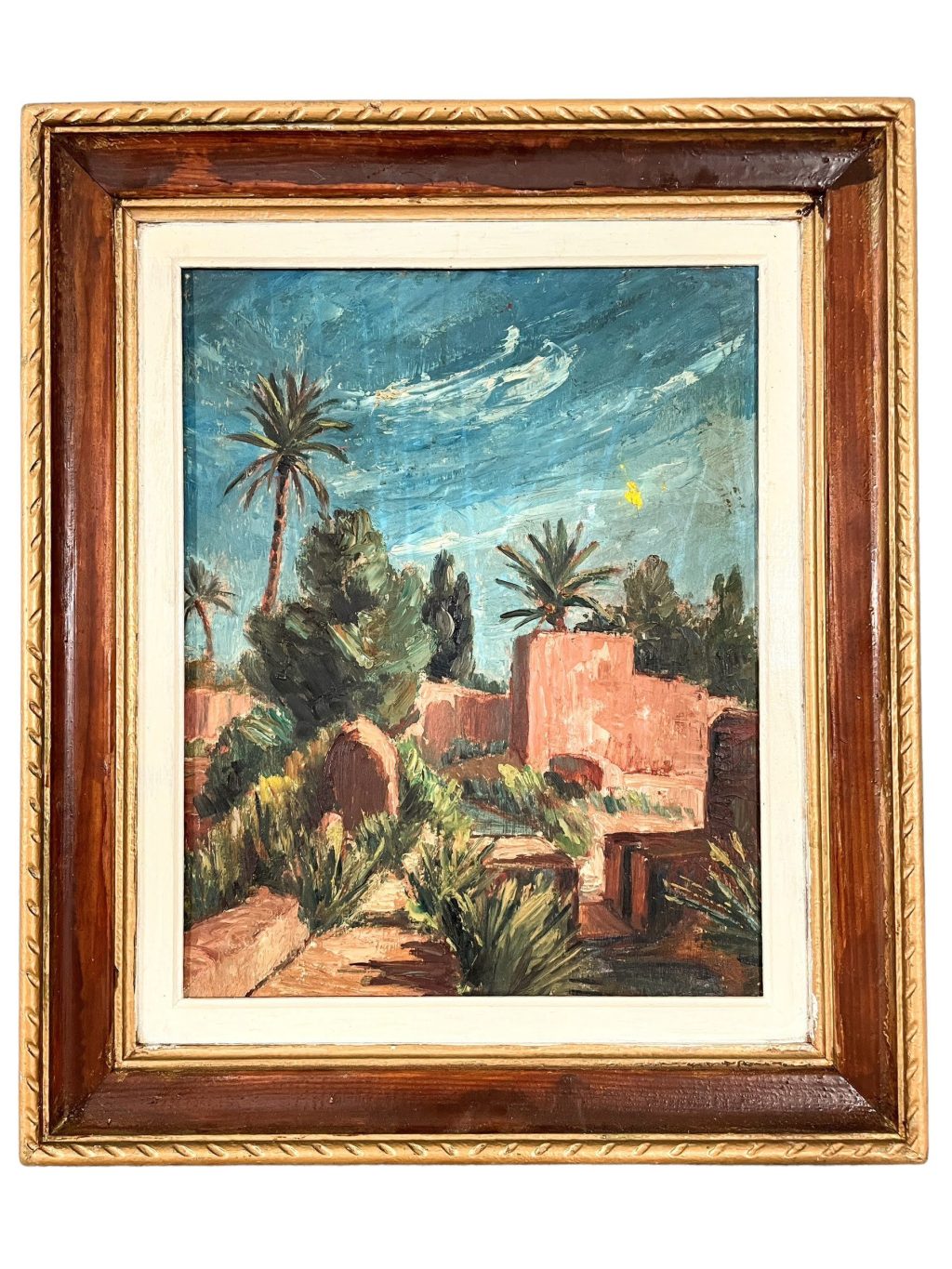Vintage Moroccan Marrakech Houses Buildings Palm Trees Framed Acrylic Painting Wall Decor circa 1920-1940’s