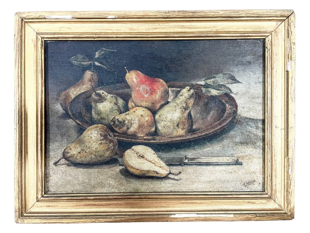 Vintage French Still Life Fruit Pears Framed Oil Painting On Wood Board Signed A Sortais circa 1920-40’s