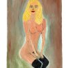 Vintage French Abstract Blonde Nude In Stockings Acrylic On Canvas Painting Wall Decor circa 1960-70's