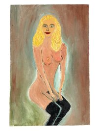 Vintage French Water Colour Paint Painting Nude Lady “Woman With Green Ring” Portrait c1950’s