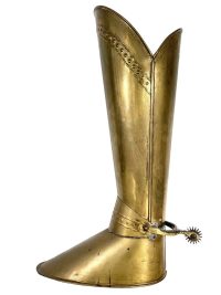Vintage French Brass Armour Boot With Spur Metal Umbrella Walking Stick Stand Storage Pot Container Hallway Entryway c1960-70’s