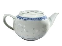Vintage Chinese Tea Pot Teapot White Blue Rice Grain Pattern Asian Ceramic Ornament Serving Time Display circa 1970-80's