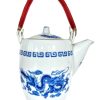 Vintage Chinese Tea Pot Teapot White Red Dragon Pattern Asian Ceramic Ornament Serving Time Display circa 1970-80's