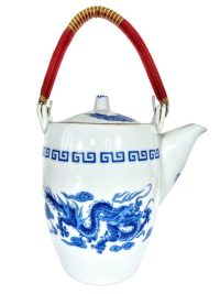 Vintage Chinese Tea Pot Teapot White Blue Rice Grain Pattern Asian Ceramic Ornament Serving Time Display circa 1970-80’s