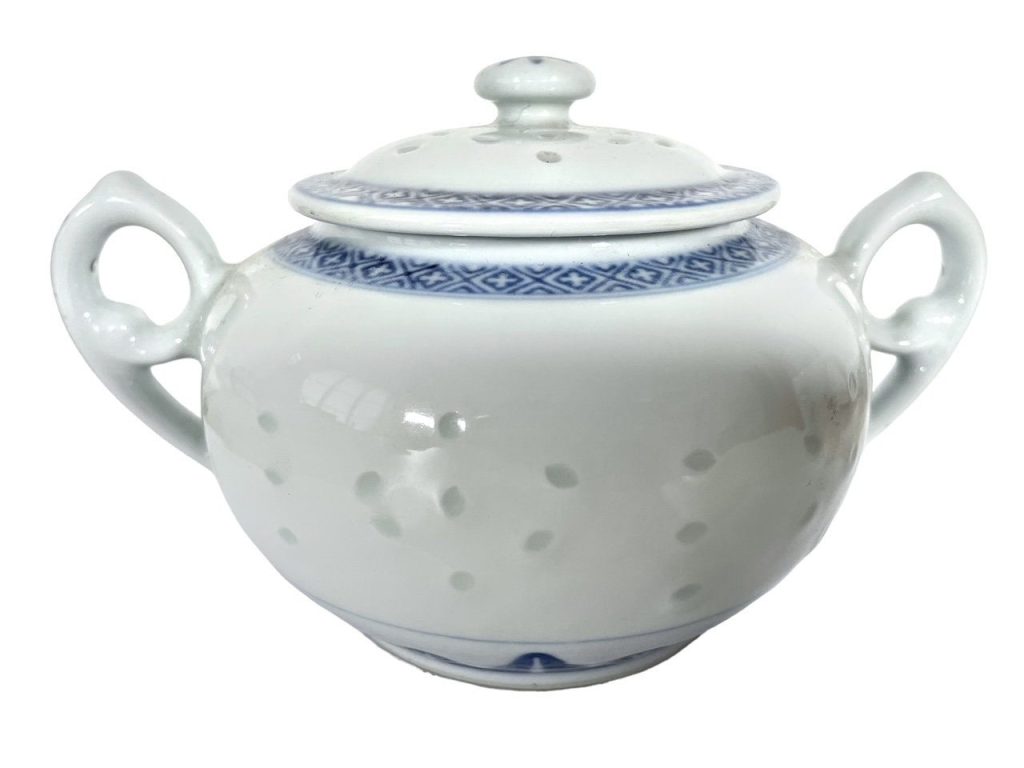 Vintage Chinese Sugar Storage Pot White Blue Rice Grain Pattern Asian Ceramic Ornament Serving Time Display circa 1970-80’s