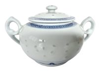 Vintage Chinese Sugar Storage Pot White Blue Rice Grain Pattern Asian Ceramic Ornament Serving Time Display circa 1970-80's
