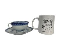 Alternative view of Vintage Chinese Tea Cup Saucer White Blue Rice Grain Pattern Asian Ceramic Ornament Serving Time Display circa 1970-80's