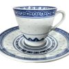 Vintage Chinese Small Tea Cup Saucer White Blue Rice Grain Pattern Asian Ceramic Ornament Serving Time Display circa 1970-80's