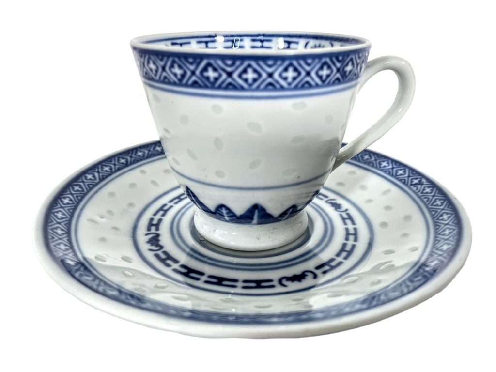 Vintage Chinese Small Tea Cup Saucer White Blue Rice Grain Pattern Asian Ceramic Ornament Serving Time Display circa 1970-80’s