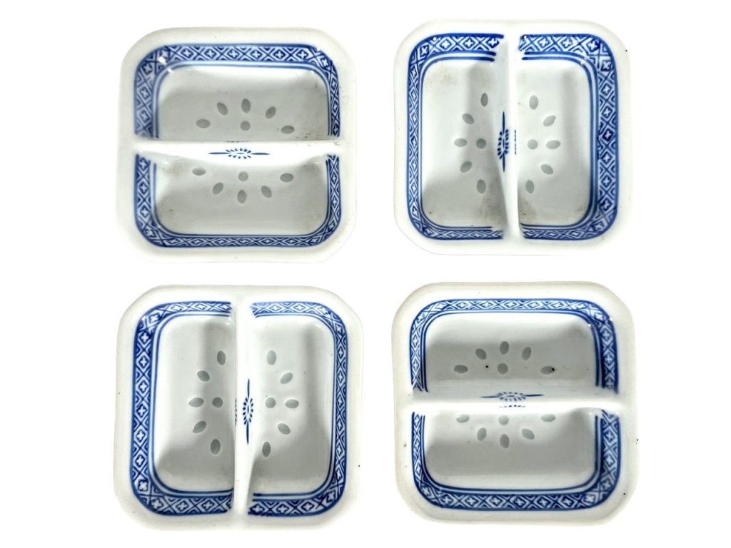 Vintage Chinese Dipping Dish Saucer White Blue Rice Grain Pattern Asian Ceramic Ornament Serving Time Display circa 1970-80’s