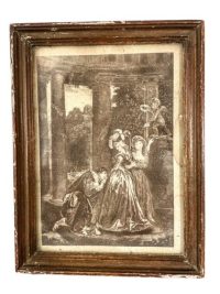 Antique French Print Sepia Courting Lovers Framed Glass Fronted FRAGILE DAMAGE circa 1850’s