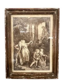 Antique French Print Sepia Courting Lovers Framed Glass Fronted FRAGILE DAMAGE circa 1850’s