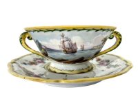 Antique French Lille Gold White Red Double Handled Ceramic Cup Saucer Tea Coffee Drinking circa 1760's