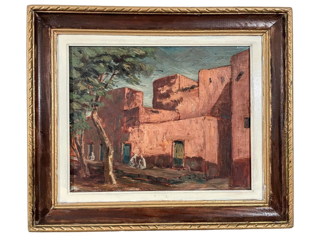 Vintage Moroccan Houses Men Townscape Framed Acrylic Painting Wall Decor circa 1920-1940’s