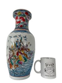 Alternative view of Vintage Chinese People Peacock Red Sun Large White Blue Vase Pot Display circa 1980-90's