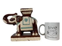 Alternative view of Vintage French Small Ceramic Elephant Pot Stand Plinth Rest Beige Blue Brown Vase Pot Dry Flowers Decor c1970-80's