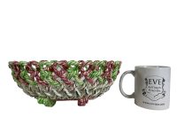 Alternative view of Vintage Spanish Bowl Rope Lattice Green White Red Flowers Ceramic Fruit Bread Bowl Serving Dish Display Presentation circa 1970's