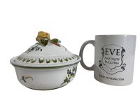 Alternative view of Vintage French Lidded Bowl Hand Painted Rose Pottery Green White Yellow Flowers Ceramic Bowl Serving Dish Display Presentation c1980's