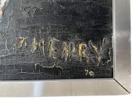 Alternative view of Vintage French Abstract Brutalist Purple Blue Black Grey Oil Painting On Board Signed I Henry 70 circa 1970's