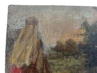 Alternative view of Antique French Small Tiny Woman Girl With Dog "Safe" Oil Painting On Wood Board Wall Decor Decoration c1900's