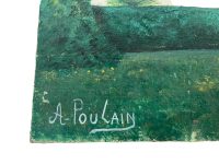 Alternative view of Vintage French Town Church Trees Painting Acrylic Trees Countryside On Wood Board Poulain c1960-70's