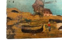 Alternative view of Antique French Beach Sea Sand Dunes Boat Windmill "Daily Bread" Oil Painting On Wood Board Wall Decor Decoration c1900's