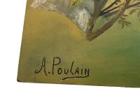 Alternative view of Vintage French Birds Bird Oil Painting On Wood Board By A Poulain Wildlife Study circa 1960's