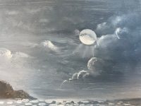 Alternative view of Vintage French Seaside Coastal Sea Moon Moonlight Seaside Acrylic Painting On Hardboard Wall Decor circa 1960-70's