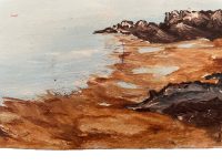 Alternative view of Vintage French Seaside Coastal Sea Seaside Rocks Acrylic Painting On Hardboard Wall Decor circa 1960-70's