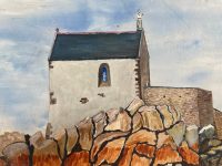 Alternative view of Vintage French Chapel Church By The Sea Painting Acrylic Trees Seaside On Wood Board Double Take Poulain c1970's
