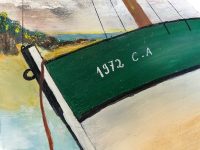 Alternative view of Vintage French Sailing Motor Boat At Low Tide Acrylic Painting On Board By A Poulain Traditional Brittany Seaside Beach circa 1970's