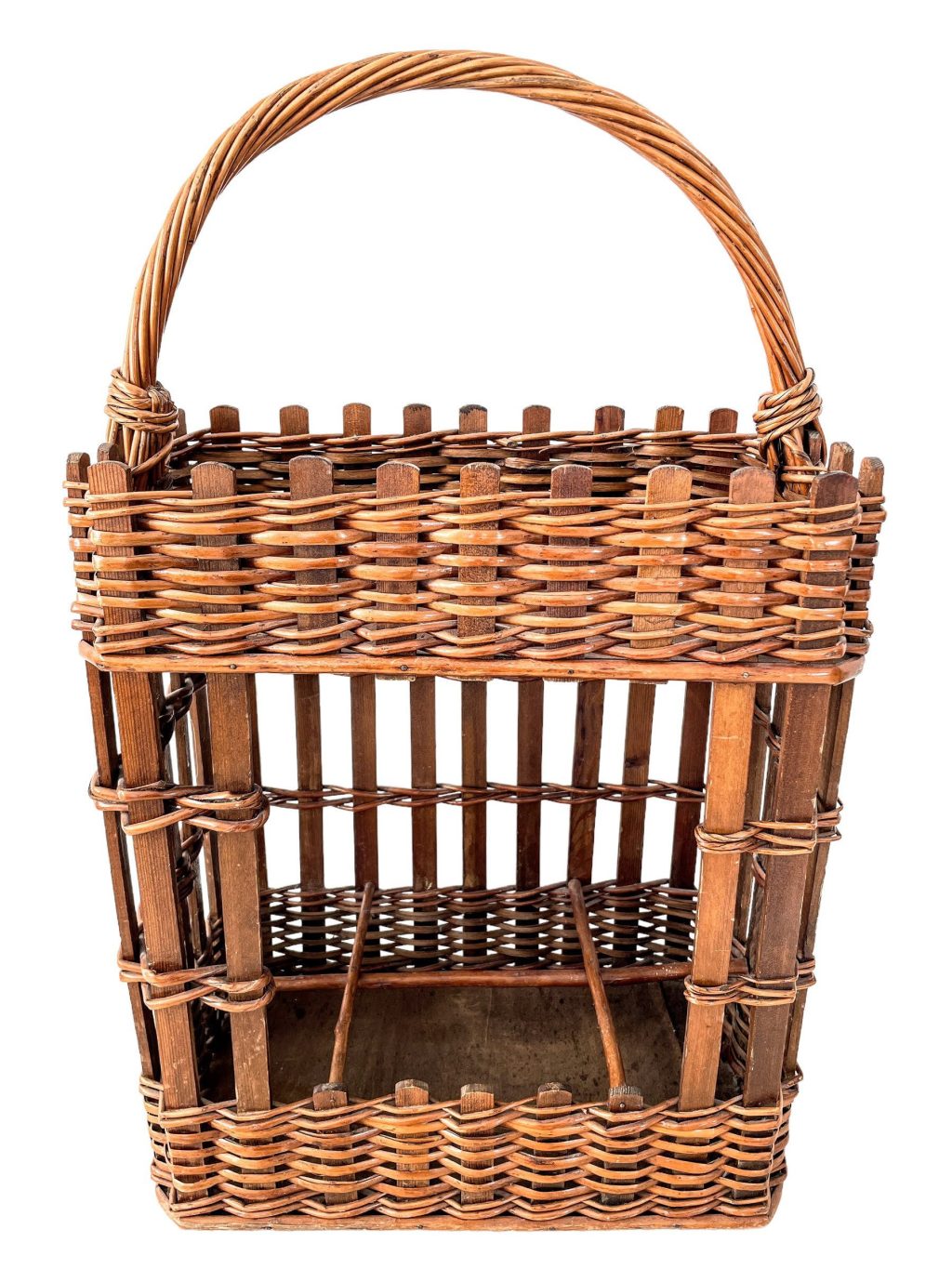 Vintage French Woven Wicker Basket Bottle & Glass Holder Carrier Store Display Shelf Unit Storage Rack Bar Cafe circa 1980-90's