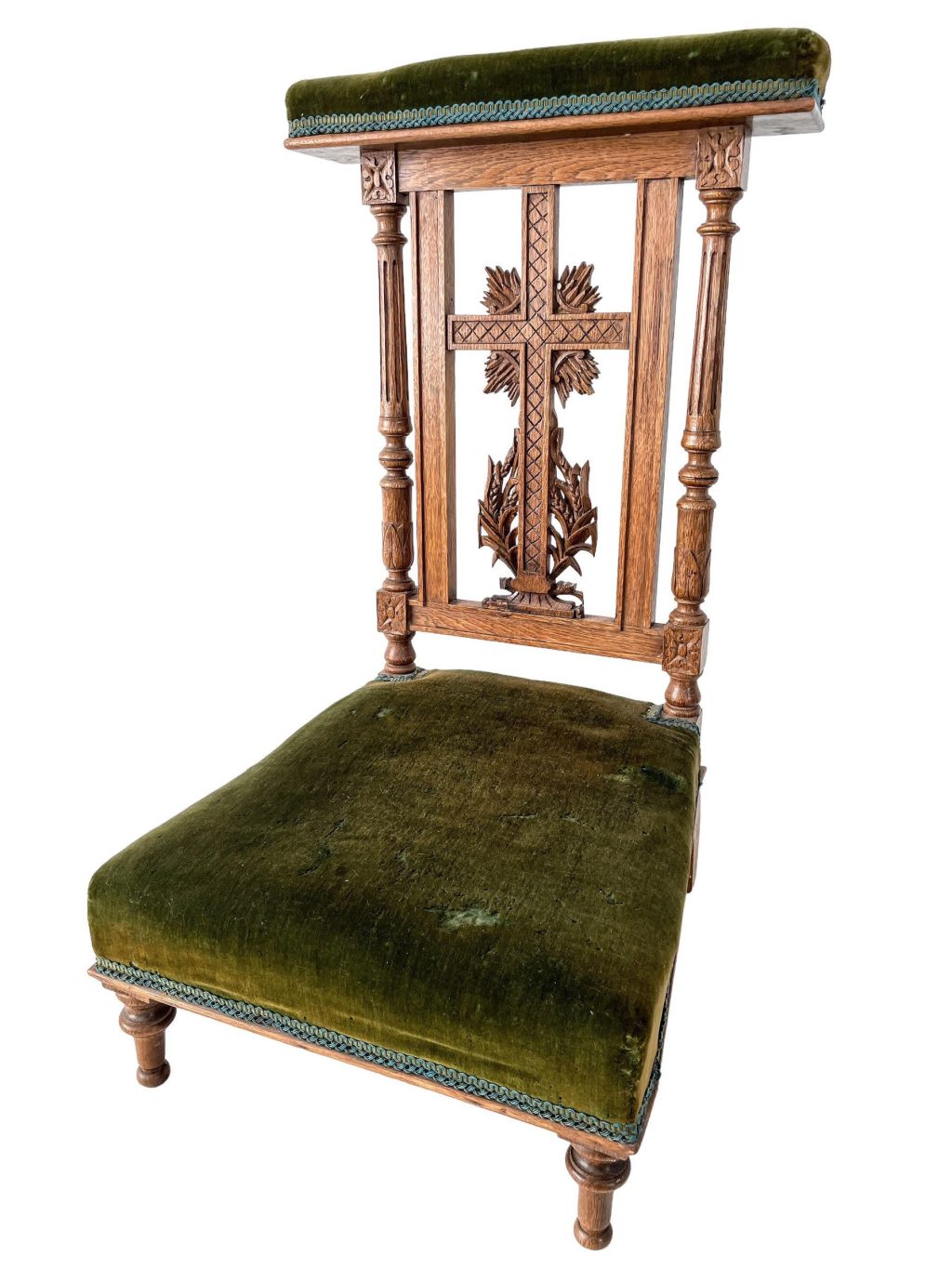 Antique French Prayer Chair Kneeler Cushioned Chair Wooden Green Upholstery Rest Seating Child Children c1910-20’s