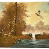 Vintage French Countryside Painting Acrylic Pheasant Pheasants Bird Skyline Trees Woodland Field Scenic On Canvas Board c1960-70's