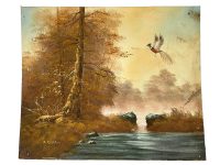 Vintage French Countryside Painting Acrylic Pheasant Pheasants Bird Skyline Trees Woodland Field Scenic On Canvas Board c1960-70's