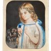 Vintage French Pastel Painting On Canvas With Passe Partout Child With Dog c1930-40's
