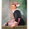 Vintage French Woman In Traditional Dress Costume Acrylic Portrait Painting On Wood Signed Bellet circa 1950-60's