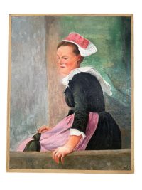 Vintage French Woman In Traditional Dress Costume Acrylic Portrait Painting On Wood Signed Bellet circa 1950-60's