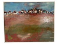 Vintage French Abstract Brutalist Blue Red Green Landscape Buildings Oil Painting On Canvas Signed circa 1960-70's