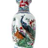 Vintage Chinese People Peacock Red Sun Large White Blue Vase Pot Display circa 1980-90's