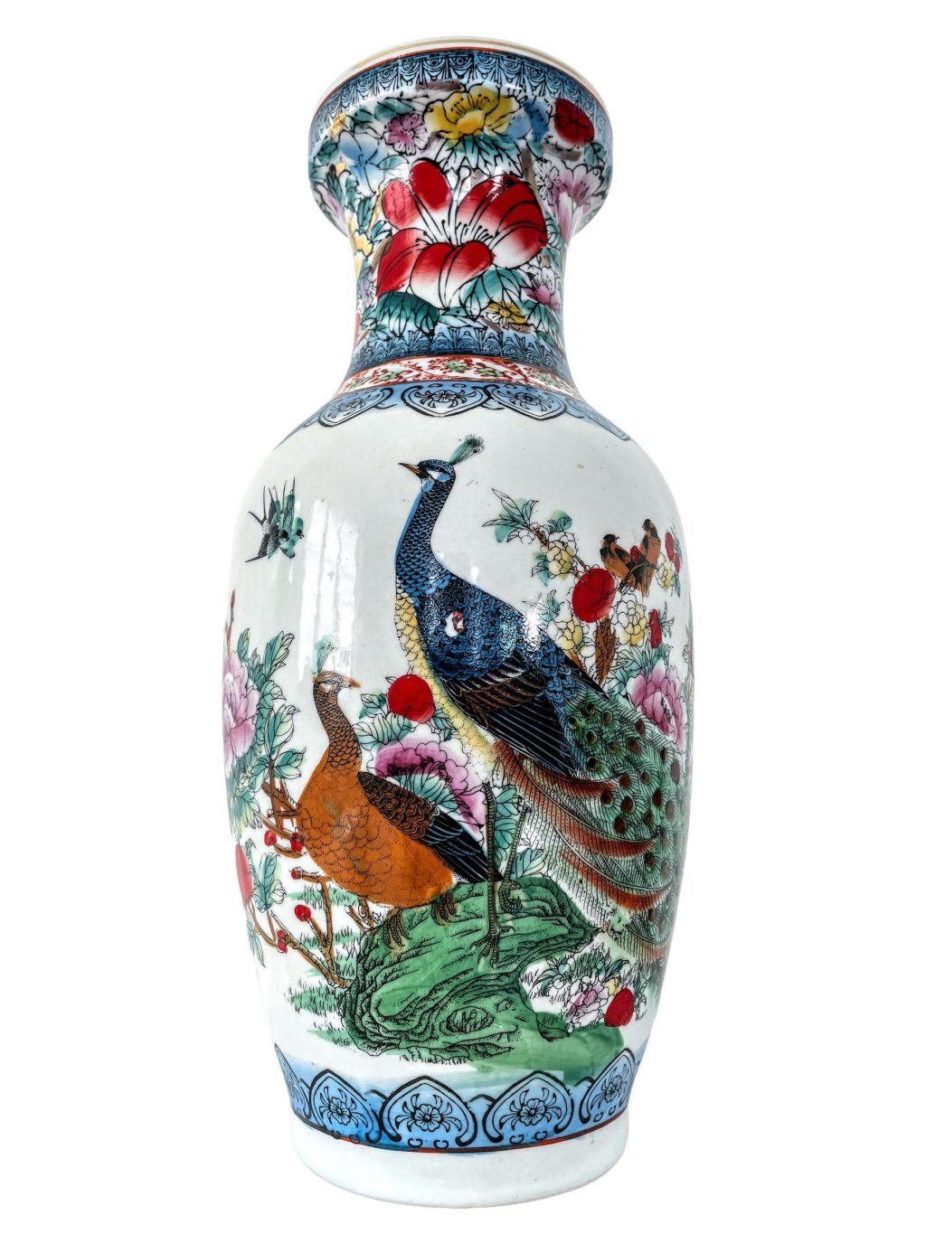 Vintage Chinese People Peacock Red Sun Large White Blue Vase Pot Display circa 1980-90’s