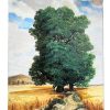 Vintage French 'The Two Trees' Signed Alm Oil Painting On Canvas Blue Green Yellow circa 1980's