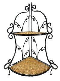 Vintage French Raffia Metal Corner Shelf Floor Standing Double Plinth Stand Display Rest Plant Side Small c1980-90's