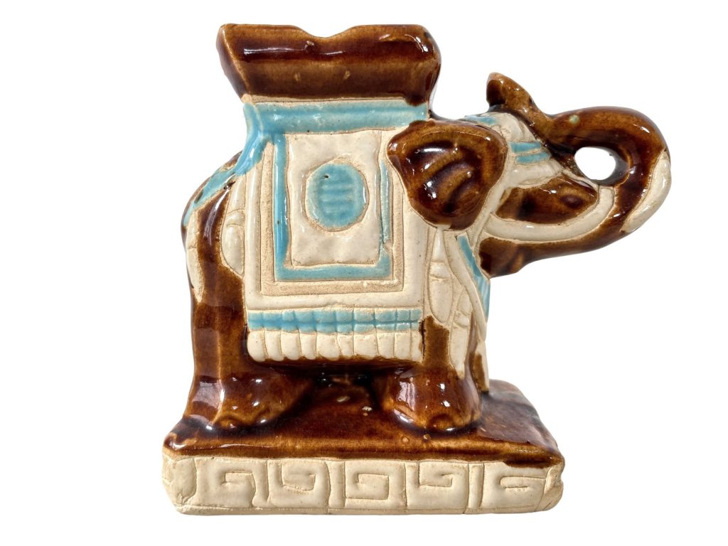 Vintage French Very Small Ceramic Elephant Pot Stand Plinth Rest Beige Blue Brown Vase Pot Dry Flowers Decor c1970-80’s