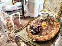 Vintage French Lacquered Wood Inlay Ornately Inlaid Serving Lap Dinner Cage Tray Handled Table Top Trivet c1960-70's