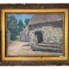 Vintage French Countryside Painting Acrylic Dwelling Barn Skyline Trees Woodland Field Scenic On Canvas Oak Leaf Frame c1920-30's
