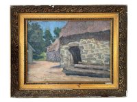 Vintage French Countryside Painting Acrylic Dwelling Barn Skyline Trees Woodland Field Scenic On Canvas Oak Leaf Frame c1920-30's